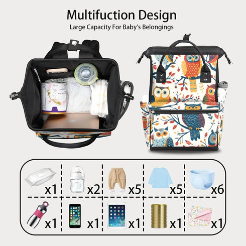 Hsnar Backpack Colorful Owl Decor Waterproof Diaper Bag Large Capacity Baby Bag with Stroller Straps, Multi-Pocket