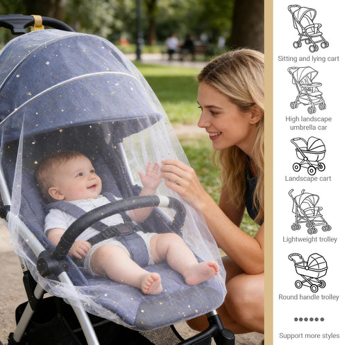 Fengek Stroller Mosquito Net, Universal Baby Bug Net with Gold Star Moon Design, Elastic Stretch Band for Bassinets