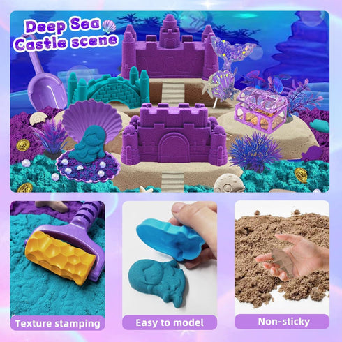60Pcs Set 2lbs 17 12 3-8 Mermaid Sensory Bin Kit - Sensory Sand with (Purple/Teal/Beach), Sea Castle & Marine Molds