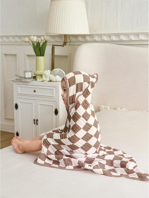 Brnabiou 2 Pack 32x32 inch Ultra Soft Checkered Muslin Hooded Baby Towels for Newborn Boys and Girls Cotton Muslin Baby