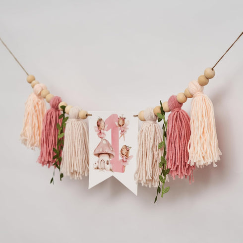 ZAIBIANHAO Fairy High Chair Banner - Mushroom Wildflower Highchair Banner,Yarn Tassel Fairy First Birthday