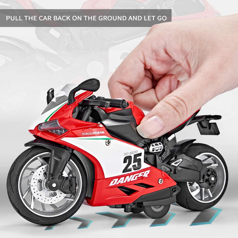 Pull Back Motorcycle Model - 1:12 Scale Toy Motorcycle with Light and Music Gift for Children (Red) Boys and Girls