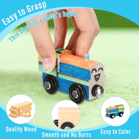 Lenwen 26 Pcs Unpainted Magnetic Wooden Train Cars - DIY Unfinished Train Set for Boys Girls Party Favors