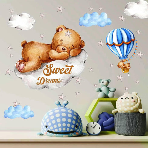 Tedy Bear Moon & Stars Wall Decor, Sleeping Bear Wall Stickers for Baby & Nursery Room Decor