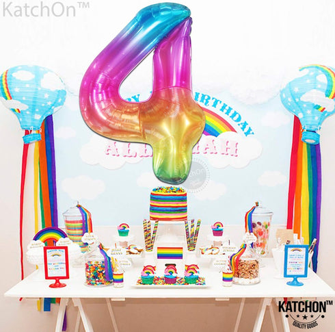 KatchOn Giant Rainbow 4 Balloon Number, 40 Inch, Number 4 Balloons for 4th Birthday Tie Dye Decorations