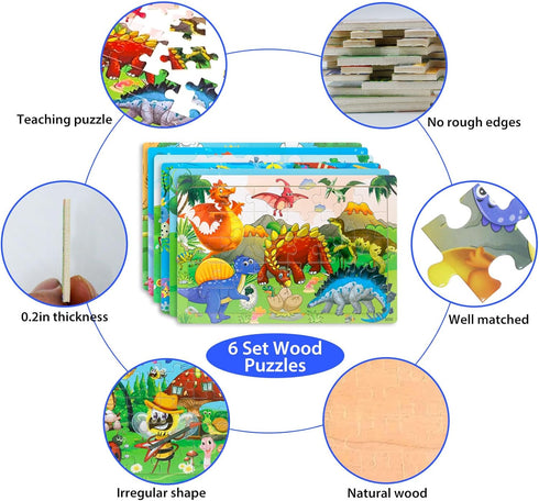 Wooden Jigsaw Puzzles for Kids Ages 3-5 - 6 Pack, 30 Pieces Colorful Educational Learning Toys