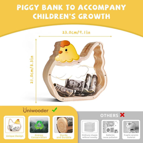 Wooden Chicken Piggy Bank for Kids, Unbreakable Easter Pullet Coin Chicken Bank for Kids with Sticker, Wooden Cashbox