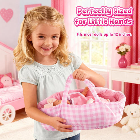 12" Set, 1-3 AuntyFey Baby Doll Baby Doll Bassinet with Accessory for Girl Toddlers with Bottle, Teddy Bear, Pillow