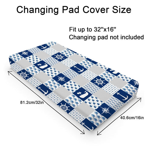 Navy Nautical Life Changing Pad Cover, Marine Ocean Lighthouse Compass Whale, 32''x16'' Soft Stretchy Fitted