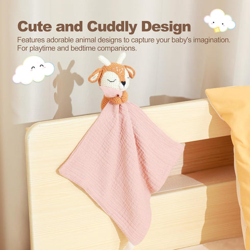Baby Deer Security Blanket, Plush Deer & Crochet Stuffed Animal with Rattle, Essential Lovey for Newborns