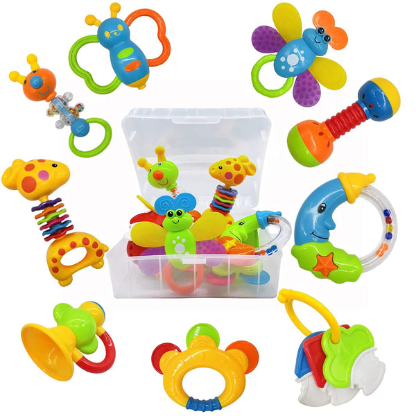9pcs Baby First Rattle Teether Toy Gift Set with Storage Box for Infant Newborns 0-18 Months, Blue