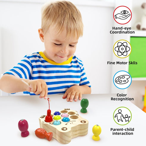 Wooden Magnetic Fishing Game - Montessori Sensory Busy Board for Toddlers 1-3, Educational Learning Toy