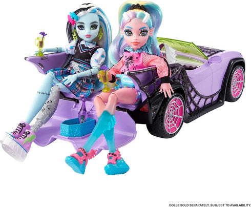 Monster High Toy Car, Ghoul Mobile with Pet & Cooler Accessories, Purple Doll-Sized Convertible