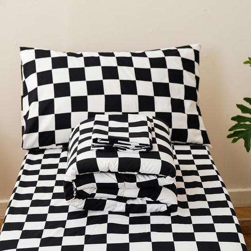 Set 4 Set Set KAREVER Grid Toddler Bedding Black White Checkered Pieces Crib Bed Kids Pliad Comforter