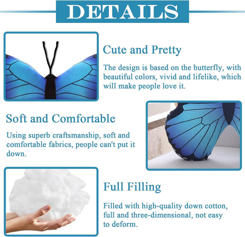 zhidiloveyou Kawaii Butterfly Stuffed Animal Plush Toy, Blue Butterfly Pillow Gift, 16×12 inch