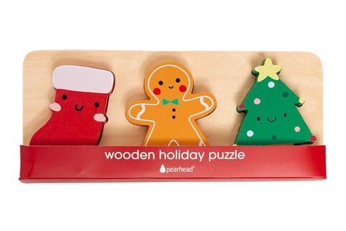 Pearhead 3 Piece Wooden Holiday Puzzle - Kids Christmas Puzzle Set, Holiday Stocking Stuffer Toys for Children