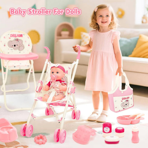 12" Set deAO Baby Doll Stroller Toys with Baby Doll Accessories Crib Bed High Chair Nursery Role Play Play Mat,Travel