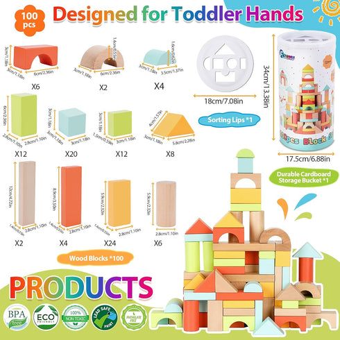 1-3, 100 Set 2+, 1st FCSONU Wooden Building Blocks for Toddlers Pcs Wood Blocks - Sorting & Stacking Toys with Storage