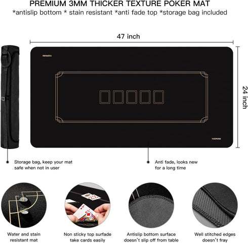 YUZPKRSI Texas Hold'em Poker Mat for 6 Players, Water Repellent Portable Poker Table Topper with Thicken Carrying Bags
