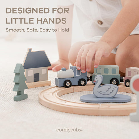 30-Piece Set 1+, Set Comfy Cubs Wooden Train for Toddlers Ages Fun & Eco Friendly Toddler Train with Wooden Toy Tracks