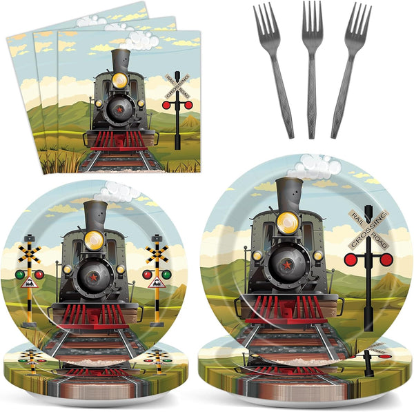 96 Pcs Train Paper Plates and Napkins Party Supplies Steam Train Birthday