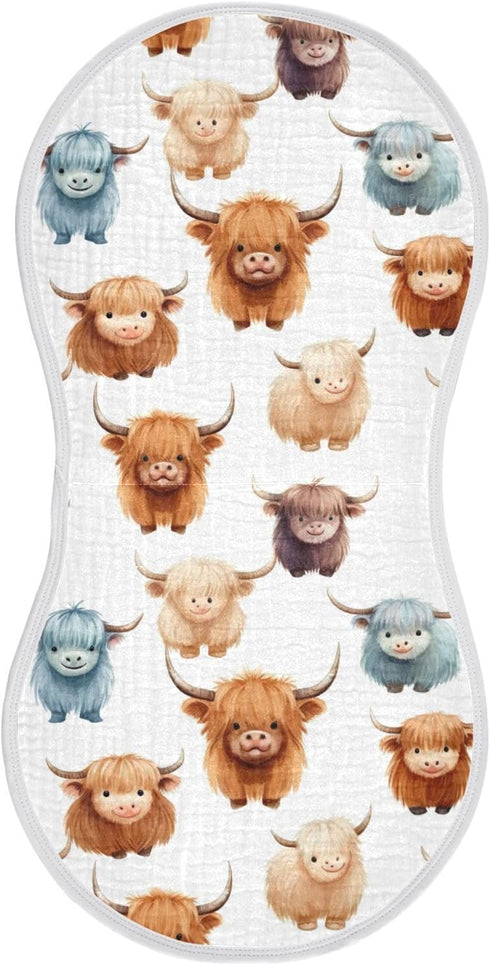 KEIGE 2Pcs Girls,11x22in,A110858 Cute Highland Cow Pattern Burp Cloth,Unisex Large Absorbent Soft Cotton Muslin Burping