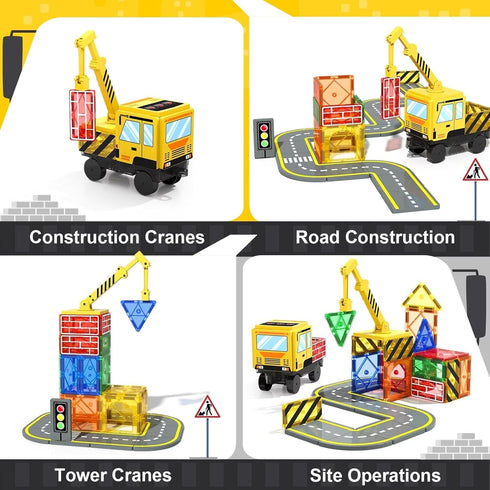 Magnetic Tiles Construction Toys with Crane, Road Pieces, Truck Magnetic Blocks for Kids Ages 3-8, STEM Building