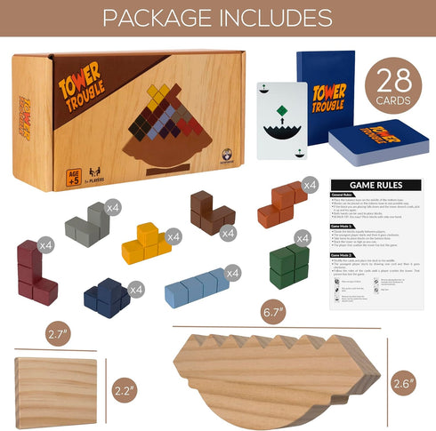 Wooden Tetra Tower Game - 32PCS Stack Attack with Building Blocks & Cards, Fun Balance Game for All