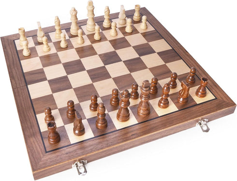 15 Inches Set 2 AMEROUS Magnetic Wooden Chess with Extra Queens/Folding Board/Chess Pieces Storage Slots/Instructions