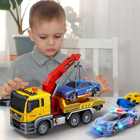 15 Inch Set 8-10 Friction Powered Large Tow Truck Toy with Lights & Sounds, Movable Crane Arm, Tow Mater Tilt Ramp