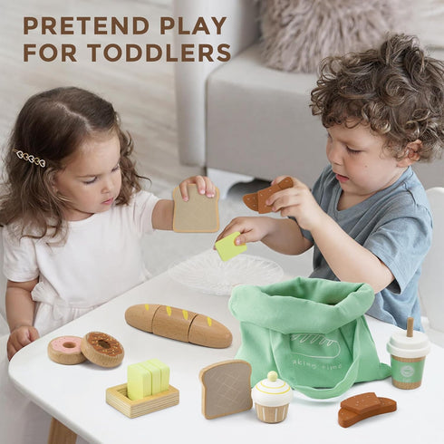 17 Playset 3+, PCS Wooden Bakery Toy Food for Kids, Pretend Picnic Play Food for Toddlers Play Kitchen Accessories