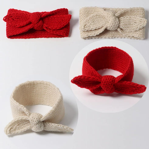 IZUS Baby Girl Turban Headband - Warm Rabbit Knot Hair Band, Knit Head Wrap for Newborn, Toddler, Children (Red + Beige)