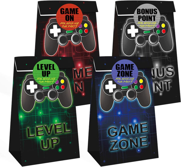 24 Pieces Video Game Party Candy Bags, 4 Designs Goodie Bags for Themed Birthday Party with Stickers