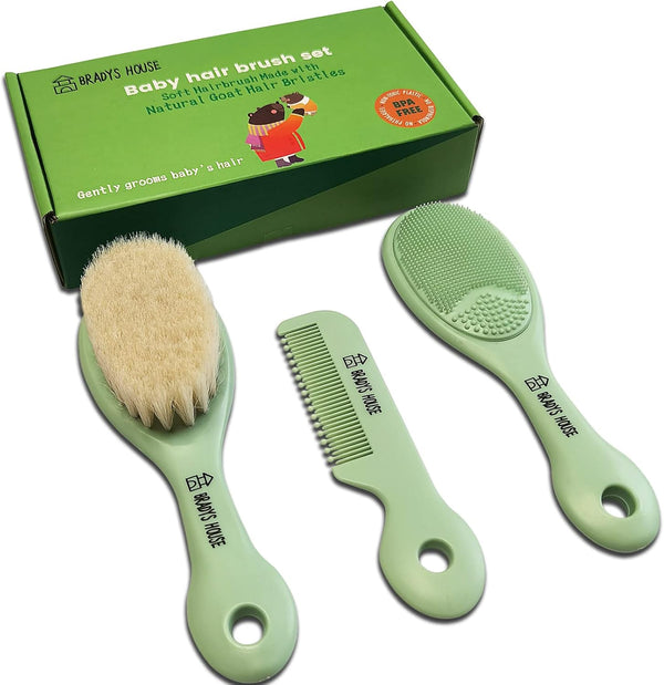 3 Piece Baby Hair Brush & Comb Set for Newborns - Soft Goat Bristle Brush, Silicone Bath Brush & Plastic Comb