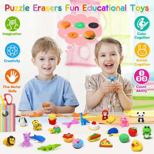 80PCS Mini Animal Erasers for Kids, Bulk Small Toys, 3D Cute Desk Pets, Classroom School Supplies, Party Favors