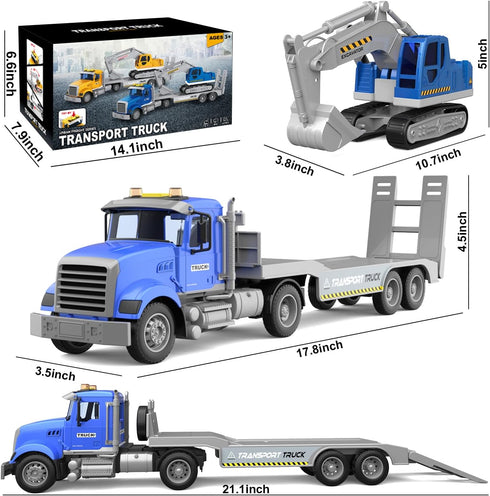 DOWELLIN 22" 3 4 5 6 7 8 Transports Trucks Kids Toys, Large Semi Truck Toy Carrier and Excavator Truck