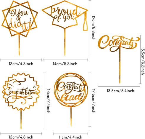 Whaline Graduation Cake Topper, Gold Acrylic Congrats Grad You Did It Table Centerpiece Sticks, 10pcs