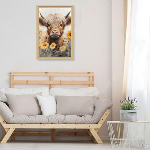 Puzzles for Adults, 1000 Piece Cute Highland Cow Sunflower Jigsaw Puzzle, Kids Game Toys Gift Home Decor