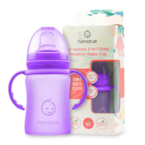 3-in-1 Glass Sippy Cups for Toddlers - Silicone Coated Baby Bottles, Non-Toxic Transition Cup with Removable Handles