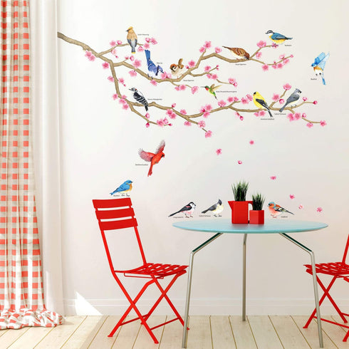 DECOWALL DWL-2009 Garden Birds and Cherry Blossom Wall Stickers, Peel and Stick Removable Decals for Kids Nursery &