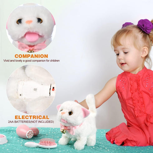 WorWoder Interactive Plush Cats for Kids, Lifelike Walking Toy Robot Kitten Pet, Cute Stuffed Kitten for Girls (White)