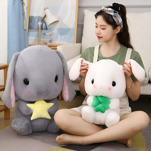 Soft Toy - Sitting Lop Eared Rabbit, Easter White Rabbit Stuffed Bunny with Carrot, Realistic Long-Eared Pink Plush