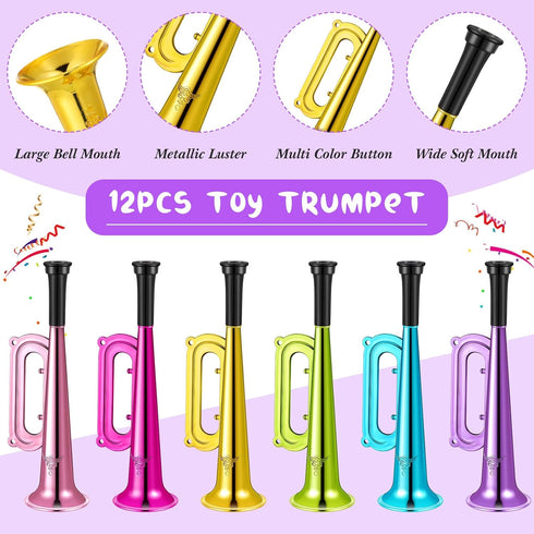 Poen 12 Pcs Mini Metallic Trumpet Musical Instruments, Plastic Noise Makers for Kids Events, Party Favors 7 Inch