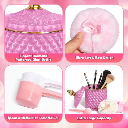 MMRYLEPTY 5 Set, 21oz Pcs Body Powder Puff Pink Glass Powder Container with Lid, Soft Powder Puffs & Spoons, Washable