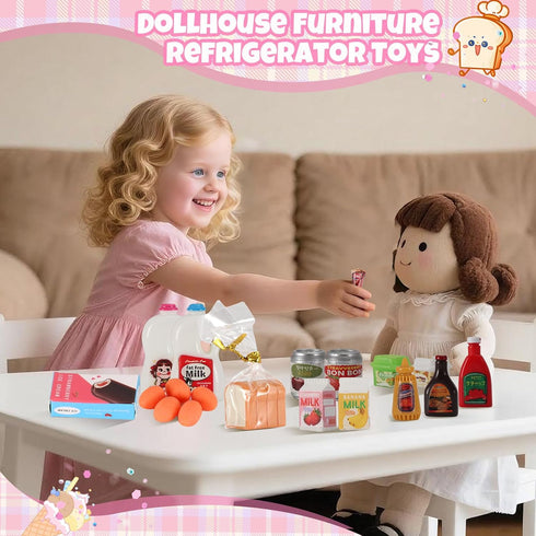 kimo 40+ Playset. Mini Refrigerator Toy, Fill The Fridge with Ice Cream, Juice & Mini Food Toys for Dollhouse