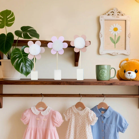 Cobzier 3 Pack Daisy Nursery Shelf Decor, Wooden Spring Flower with Pompom Pistil Boho Baby Girl Nursery Room