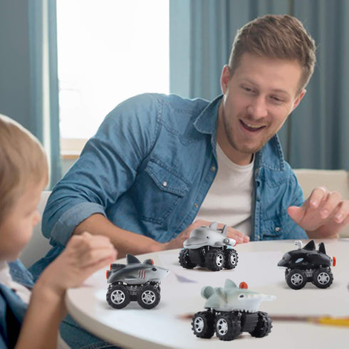 DINOBROS Shark Toys Pull Back Cars, 4 Pack Ocean Animal Truck Toy, Gift for 3 Years Old and Up