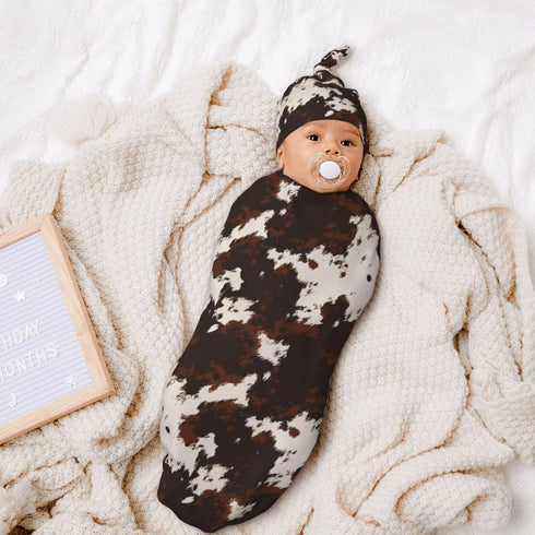 Valvphora Brown Cow Print Swaddle Blanket with Hat Receiving Blanket, Western Highland Cow Baby Items Stuff for Girls