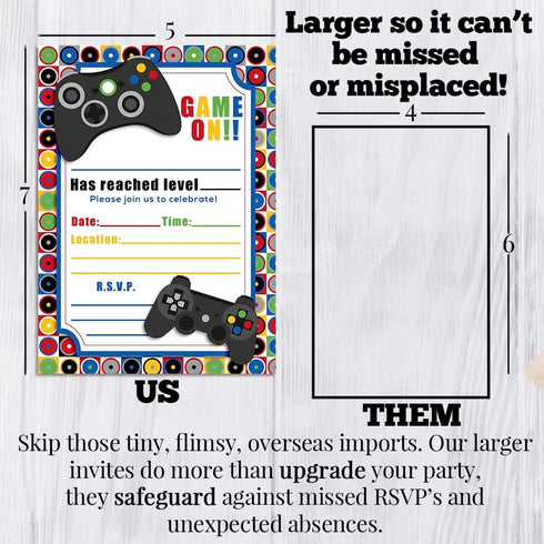 Game On! Video Gamer Birthday Party Fill In Invitations, 20 Fill In Cards with Envelopes by AmandaCreation