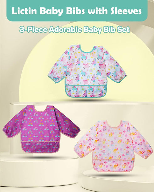 3 Pack 6-24 Lictin Baby Bibs for Boy or Girl, Cute Long Sleeve Bib, Waterproof Bibs for Toddlers,Adjustable Closure